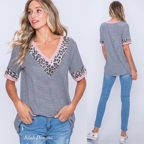 LAST 1! V Neck Animal Print and Stripes Contrast Print Top! - Picture 7 of 10